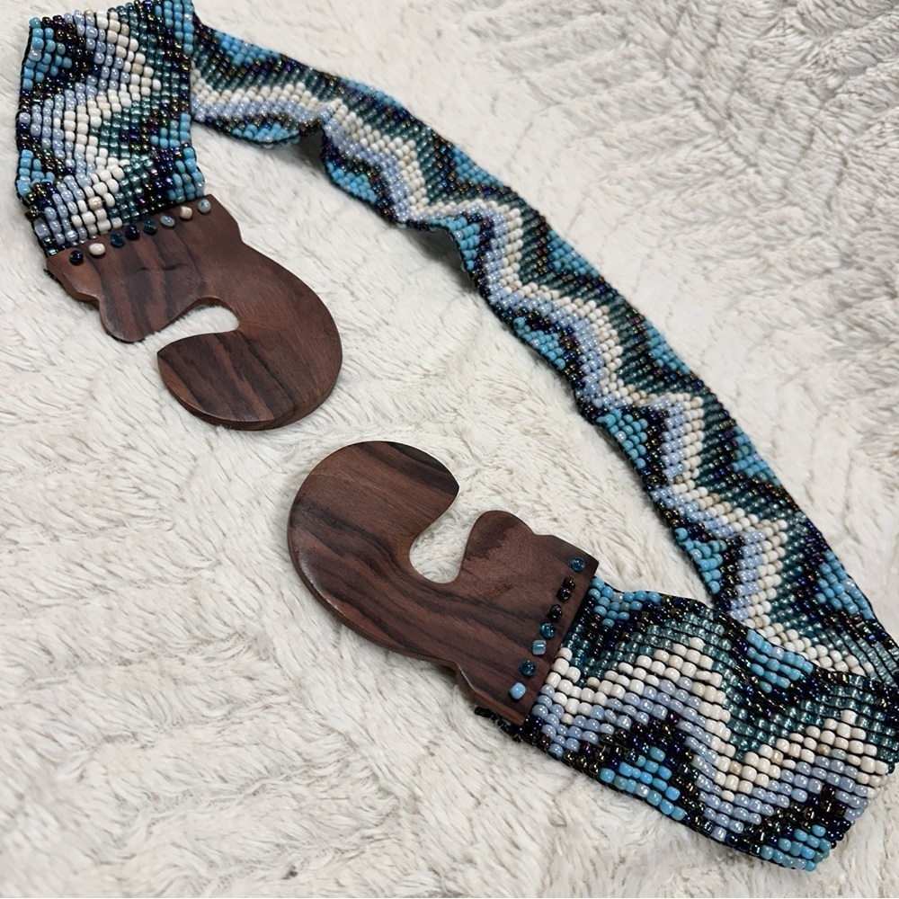 Heavy  Glass Beaded Belt Western, Stretchy, Boho, Hippy with Wooden Buckle  EIC!